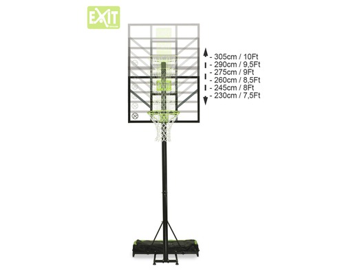 Höjdjusterbar basketkorg med specifikationer för de olika höjderna