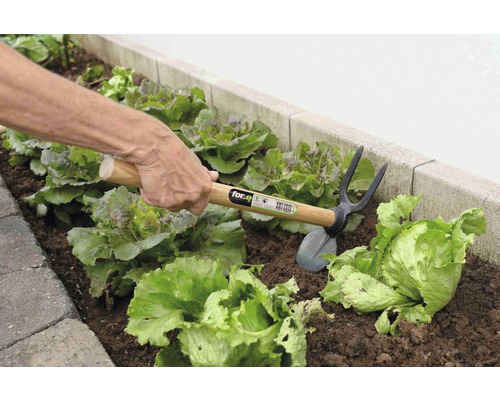 Person som arbetar med en kombinationshacka i grönsaksträdgården.