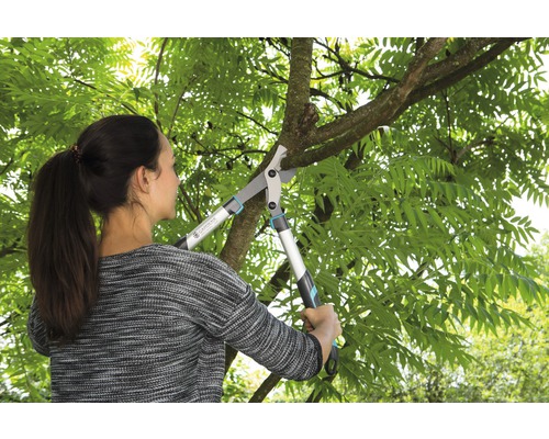 En kvinna beskär en gren med en grensax från Gardena.