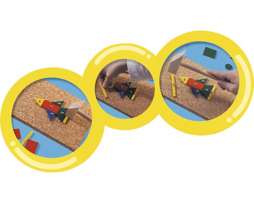 Bildserie av en träleksak med hammare och färgglada former på en korkplatta