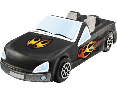 Svart leksaksbil med flammklistermärken