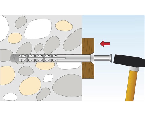 Illustration av en plugg fäst med en hammare i en vägg