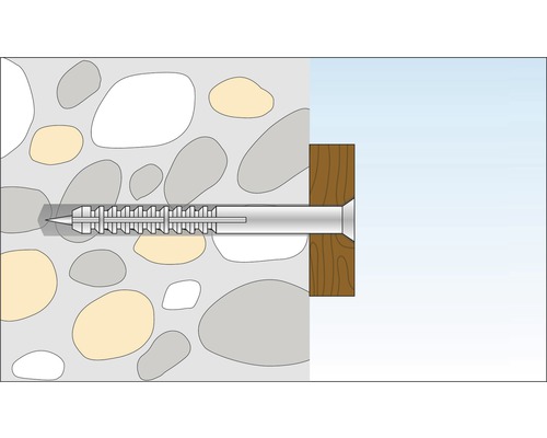 Illustration av en skruv som skruvas genom en träplanka in i en stenmur.