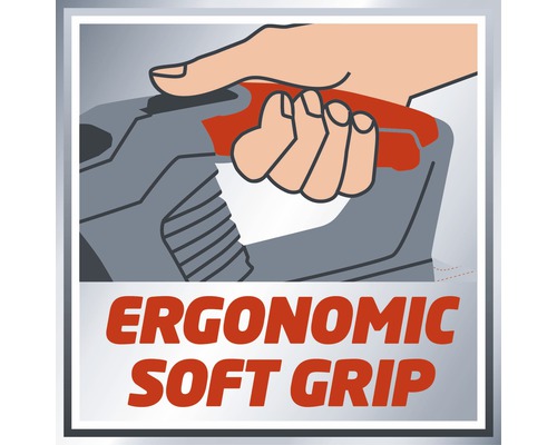 Illustration av en hand som håller ett ergonomiskt handtag, med texten Ergonomiskt mjukt grepp.