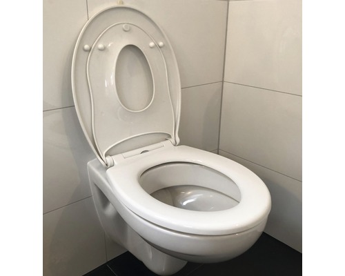 Vägghängd toalett med djup spolning och öppet toalettlock