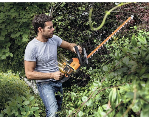 En man klipper en häck med en batteridriven häcksax