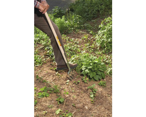 Trädgårdsarbete med en grep i trädgården