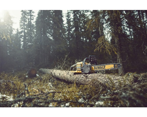 DeWalt motorsåg på en trädstam i skogen