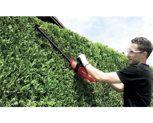 Man klipper häck med en Einhell häcksax