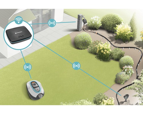 Illustration av en trädgård med Gardena Smart System för bevattning och gräsvård