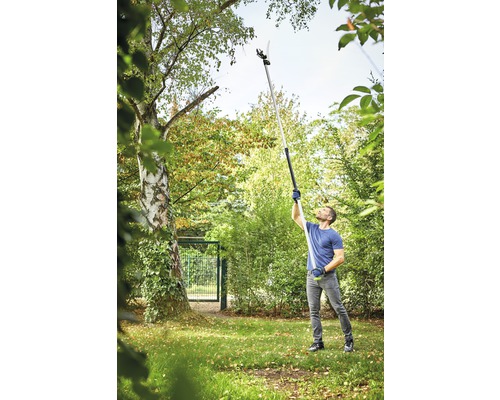 Man använder en grensax i trädgården för att klippa grenar från ett träd.
