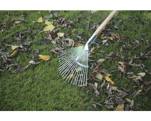 Lövraka i metall med träskaft på gräsmatta med löv