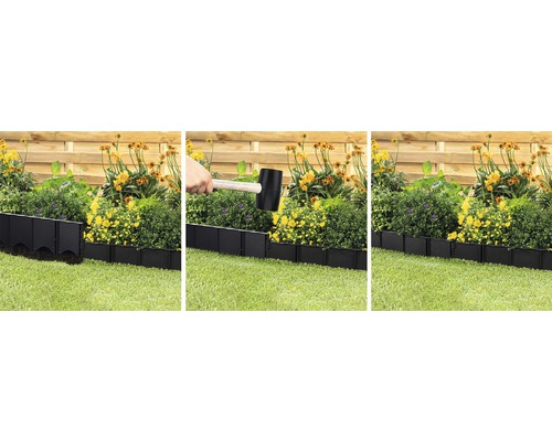 Installation av en gräskant av plast med en gummiklubba i trädgårdsrabatten