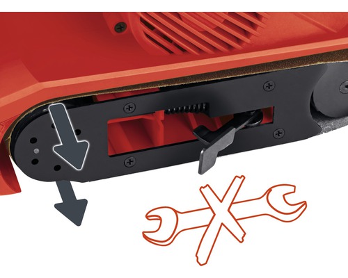 Detaljer om bandslipmaskin med pil för justering av slipband och symbol för verktygslös justering