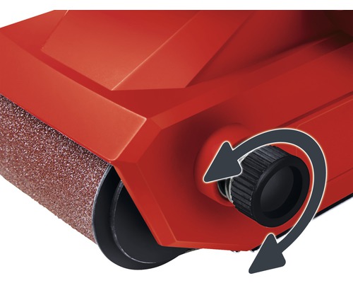 Detalj av en bandslipmaskin med justerskruv