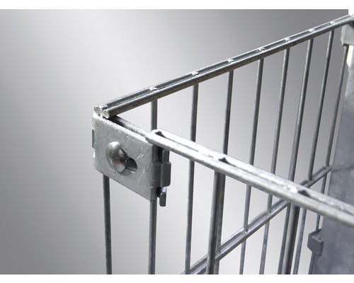 Detaljvy av en metallgallerbehållare med hörnanslutning