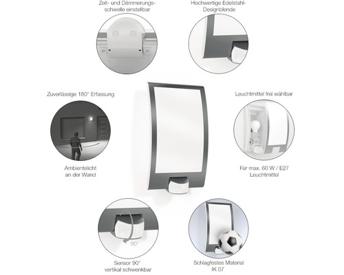 Vägglampa med justerbart tids- och skymningströskelvärde, designskydd i rostfritt stål, 180 graders detektering, fritt val av ljuskälla, maximalt 60 watt E27-lampa, 90 graders vertikalt vridbar sensor och slagtåligt material IK 07