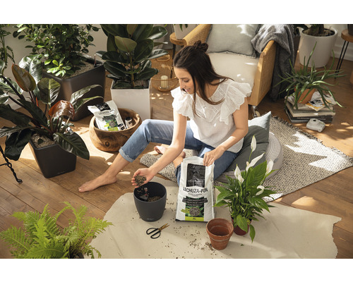 Kvinna sitter på golvet och fyller en blomkruka med Lechuza Pon planteringssubstrat, omgiven av krukväxter