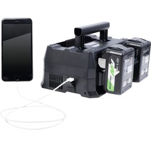 Batteriladdare med två batterier och en mobiltelefon som är ansluten med en USB-kabel