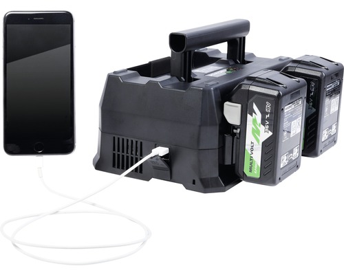 Batteriladdare med två batterier och en mobiltelefon som är ansluten med en USB-kabel