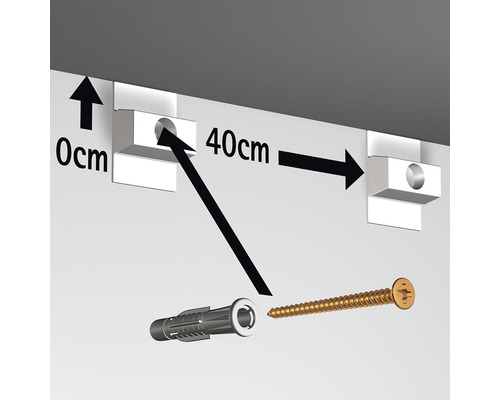 Illustration av montering av två fästen med plugg och skruv, avstånd 40 centimeter