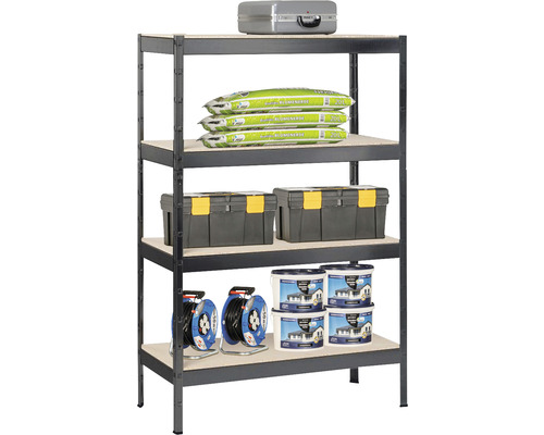 Hylla med fyra nivåer fylld med verktygslådor, färgburkar, trädgårdsjord och kabelvindor