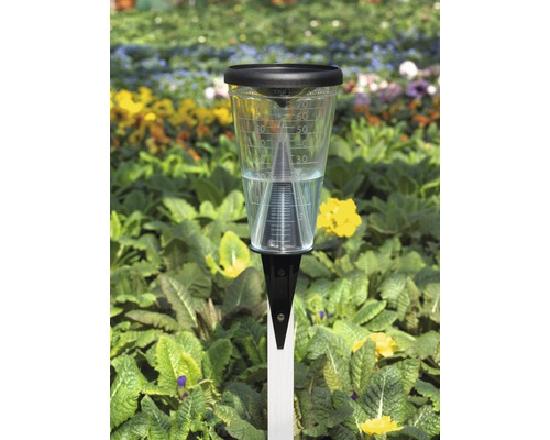 Regnmätare i trädgården med blommor i bakgrunden