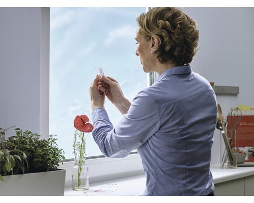 Kvinna tittar på vatten testremsa i köket vid fönstret