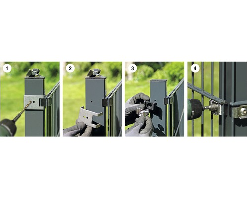 Monteringsanvisning för en staketstolpe med skruvar och en batteridriven skruvdragare i fyra steg