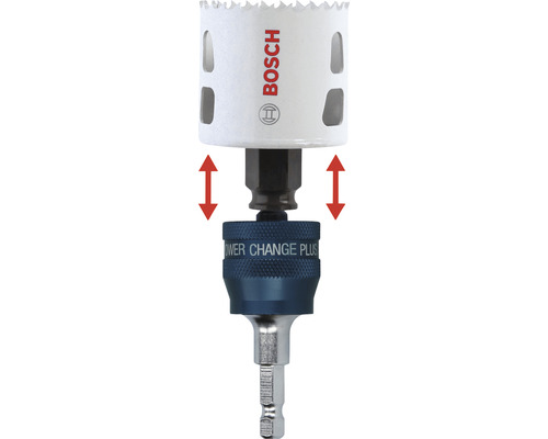 Hålsågsfäste med Bosch-logotyp och röda pilar.