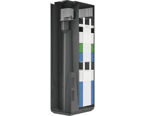 Inre vy av ett akvariefilter med pump och filtermedia