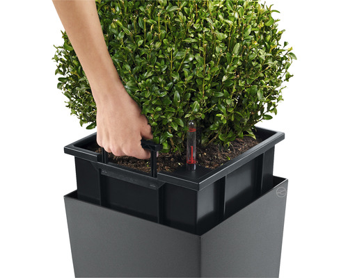 Detaljbild av en fyrkantig planteringslåda med bevattningssystem och en hand som kontrollerar vattennivån.