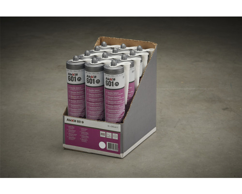 Förpackning sanitetssilikon från Akkit 601 med tolv 310 ml patroner