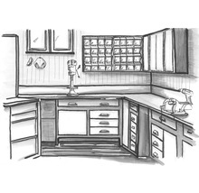 Illustration av en verkstad med arbetsbänk, borrmaskin och verktyg