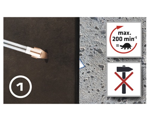 Glasborr i bruk, symbol med maximalt 200 varv per minut, symbol hammare förbjuden