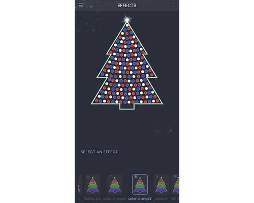 Skärmvy av en app för att styra en ljusslinga i form av en julgran med olika färginställningar