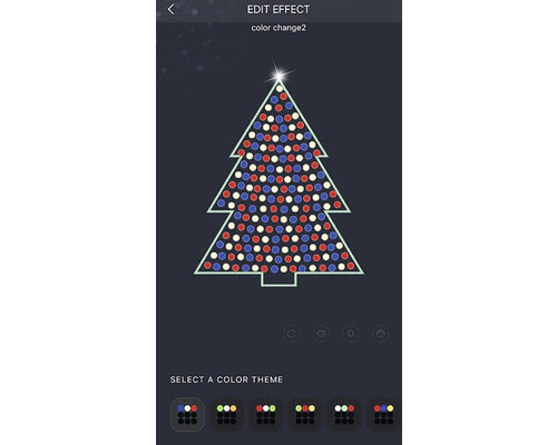 Appvy för att redigera en ljuseffekt med en stiliserad julgran gjord av röda, vita och blå ljus