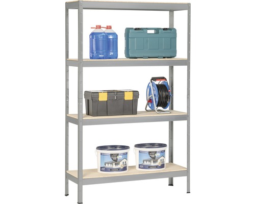 Hylla med fyra nivåer och olika produkter