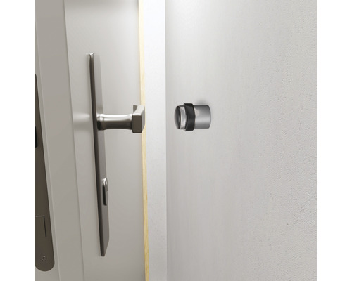 Dörr med dörrhandtag och väggmonterad dörrstopp