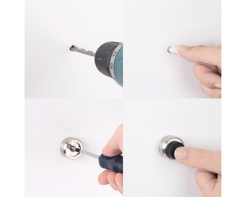Bilder som visar montering av en dörrstopp på en vägg med en borr och en skruvmejsel.