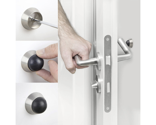 Närbild av montering av dörrbeslag och dörrstopp