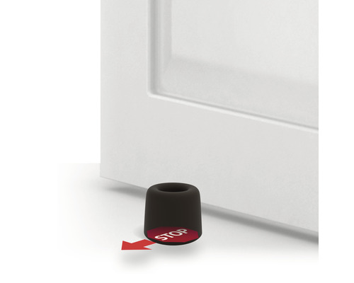 Dörrstopp framför en dörr med röd stoppsymbol och pil