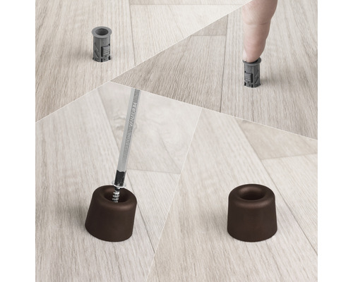 Montering av en brun dörrstopp på ett trägolv med plugg och skruvmejsel