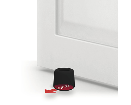 Dörrstoppare framför en dörr med röd pil och ordet Stopp