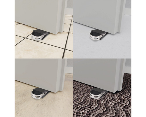 Fyra vyer av en dörrstopp under en dörr på kakel, matta, laminat och annan golvbeläggning