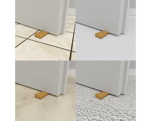 Collage som visar en dörrstopp i trä under olika dörrar på olika golv