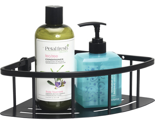 Svart hörnhylla med schampo och balsam