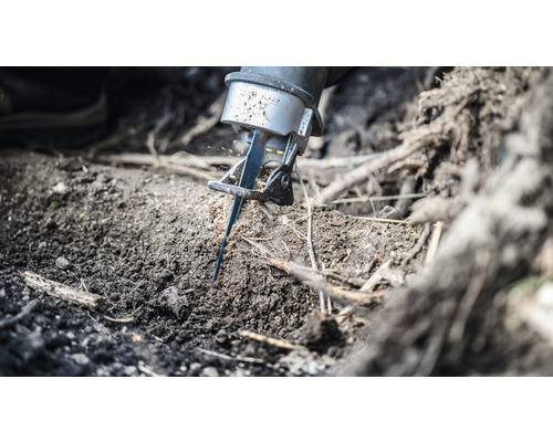 En tigersåg sågar av en rot i marken.