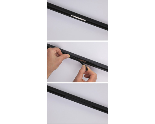 Tre vyer av en svart strömskena, varav en visar installationen av ett skydd.