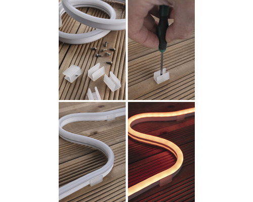 LED-slangmontering med fästklämmor och skruvar på träunderlag